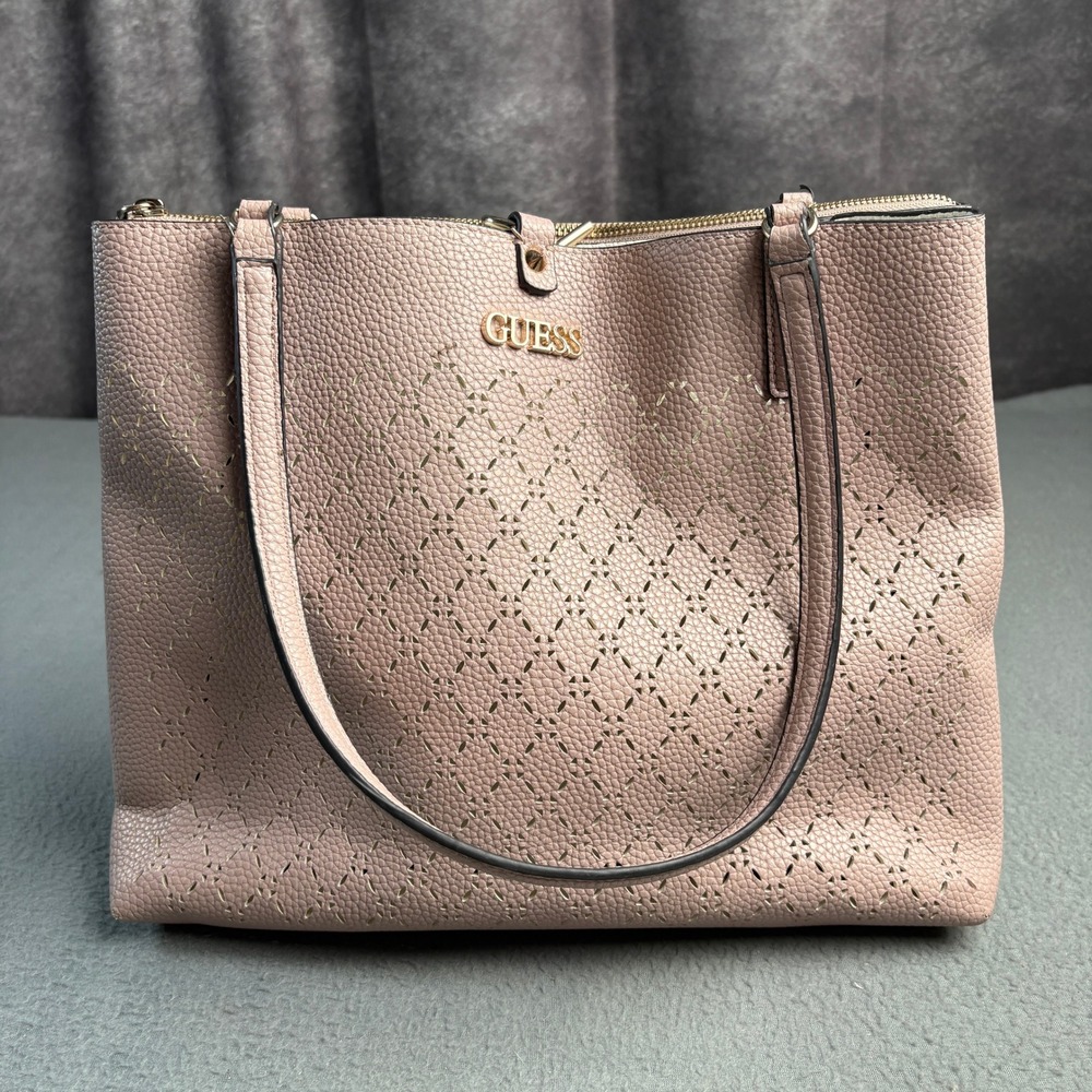 Guess Blush Pink Perforated Pebbled Faux Leather Triple Compartment Tote Bag
